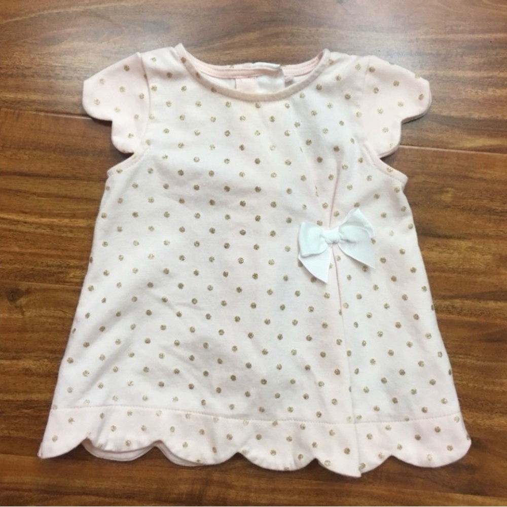 3/$25 Tahari Baby Light Pink Gold Glitter Polka Dot Button Scalloped Dress 6-9M